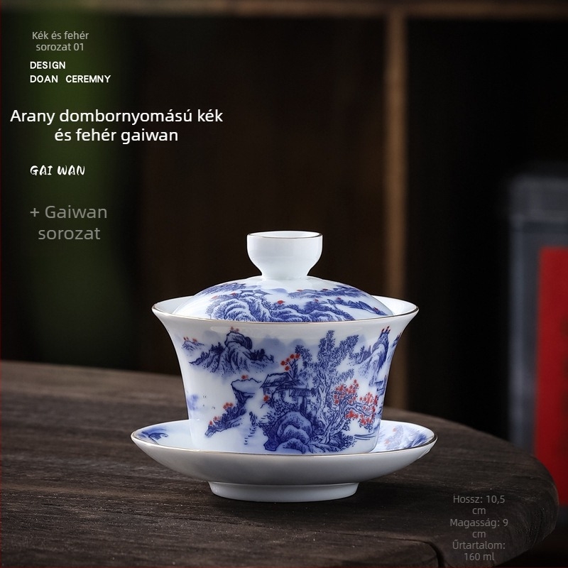 Nagy méretű porcelán gaiwan aranyozott kék-fehér mintával, Gongfu teáskészlet a tea ceremóniához, retro kínai stílus