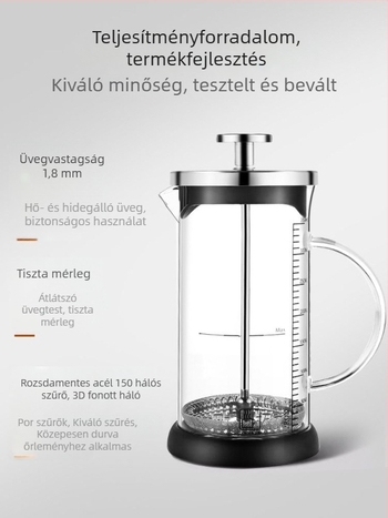 Üvegből készült kávéfőző és teáskészlet francia presszóval, öntőkanállal, kávéfilterrel, francia stílusú teafőzővel és tejhabosító pohárral