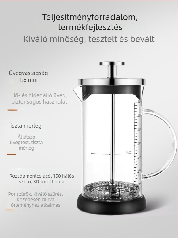 Üvegből készült kávéfőző és teáskészlet francia presszóval, öntőkanállal, kávéfilterrel, francia stílusú teafőzővel és tejhabosító pohárral