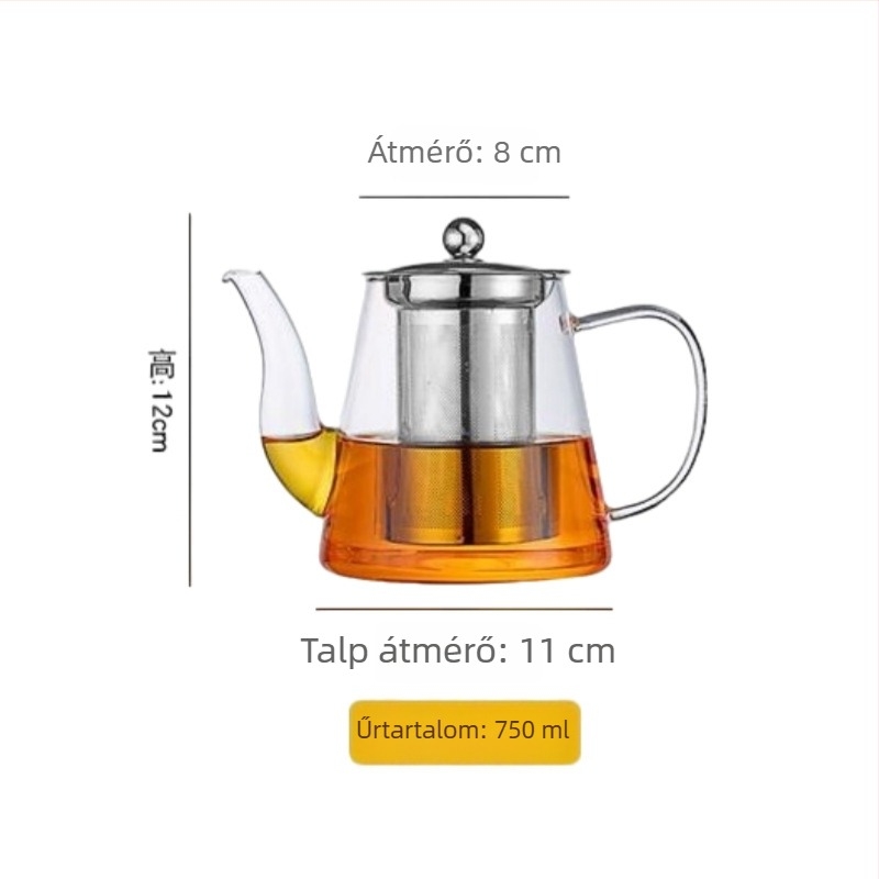 Ívelt szájú, egyenes testű teáskanna, tea–víz elválasztóval, mindennapi otthoni használatra, hőálló boroszilikát üveg