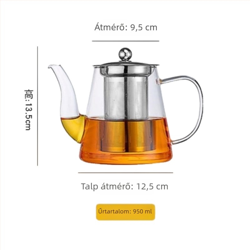 Ívelt szájú, egyenes testű teáskanna, tea–víz elválasztóval, mindennapi otthoni használatra, hőálló boroszilikát üveg
