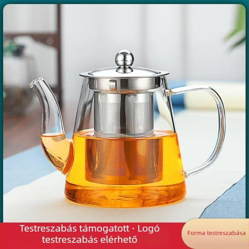 Ívelt szájú, egyenes testű teáskanna, tea–víz elválasztóval, mindennapi otthoni használatra, hőálló boroszilikát üveg