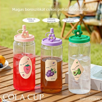 Szívószálas pohár fedővel, gyümölcslé és tejes tea számára, nőknek, nyárra, magas hőállóságú boroszilikát üveg, esztétikus dizájn