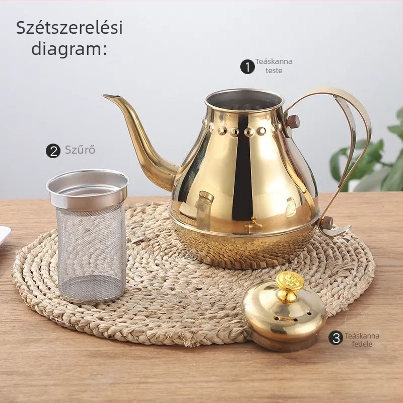 Rozsdamentes acélból készült teáskanna szűrővel, éttermi stílusú, vékony kifolyóval