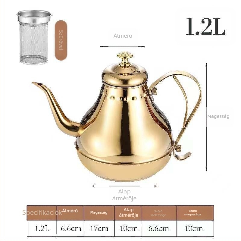 Rozsdamentes acélból készült teáskanna szűrővel, éttermi stílusú, vékony kifolyóval