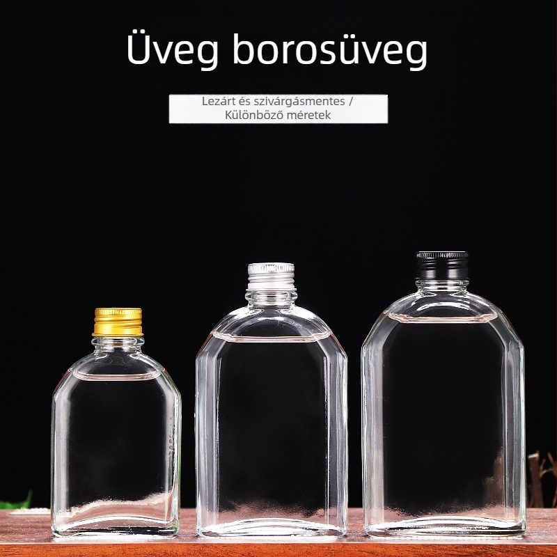 Átlátszó üveg likőrösüveg, üres, alkalmas likőrre, gyümölcslére és tejes teára; elérhető 100 ml, 200 ml, 250 ml, 350 ml és 500 ml.