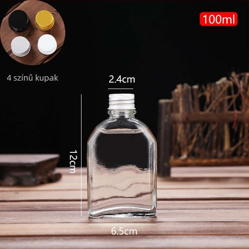 Átlátszó üveg likőrösüveg, üres, alkalmas likőrre, gyümölcslére és tejes teára; elérhető 100 ml, 200 ml, 250 ml, 350 ml és 500 ml.