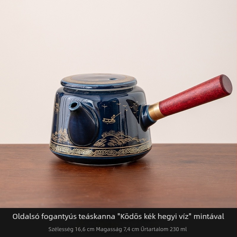 Kerámiás teáskanna oldalról fa fogantyúval, égésvédő dizájn, kínai stílusú kung fu teáskészlet szűrővel és tea-víz elválasztással