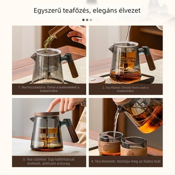 Fából készült teáskanna infúzorral, magas hőálló boroszilát üveg, nyomásos tea-víz elválasztás, három poharas készlet