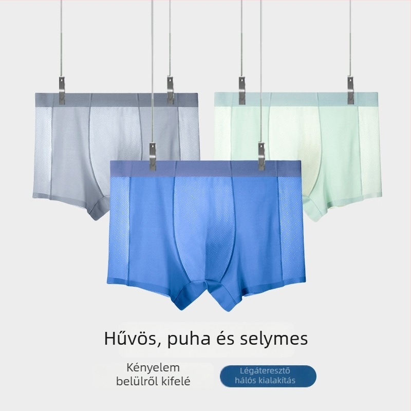 Nyári jégselyem vékony férfi boxer alsó, varrat nélküli, lélegző hálóval, középmagas derék, nagy méret