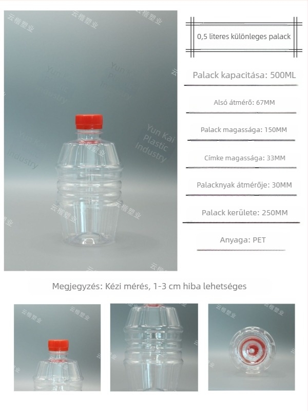 500 ml átlátszó PET zárható palack italokhoz, négyszögletes, vastított műanyag