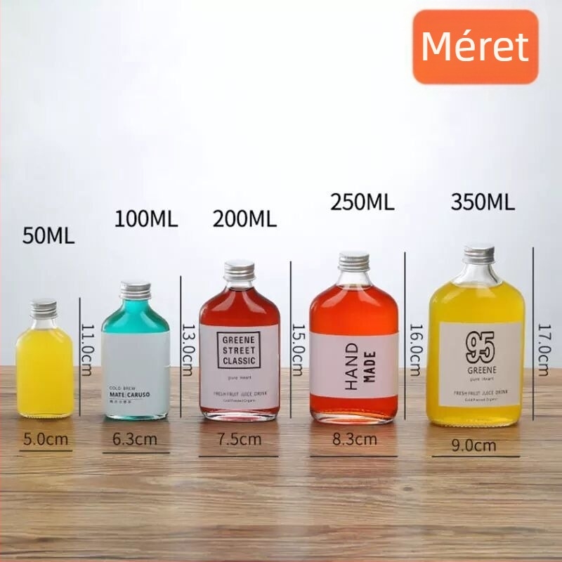 100 ml sík üveg; 250 ml tej-tea üveg; kávé- és gyümölcslé üveg; üres üveg logónyomási lehetőséggel