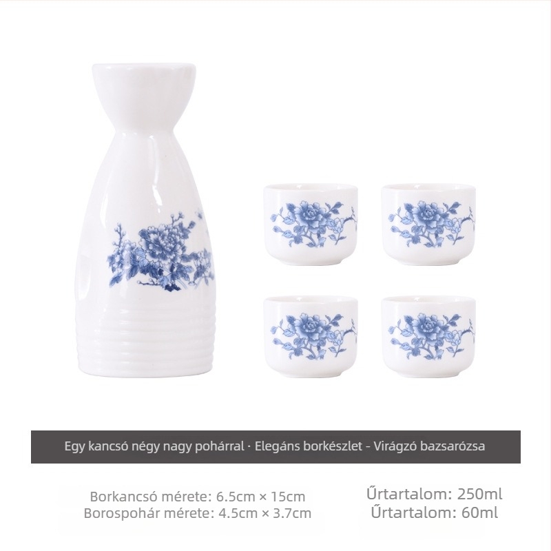Csontporcelános szaké készlet — japán stílusú antik kerámia szaké fazék és poharak, 5 darab, egyedi logóval