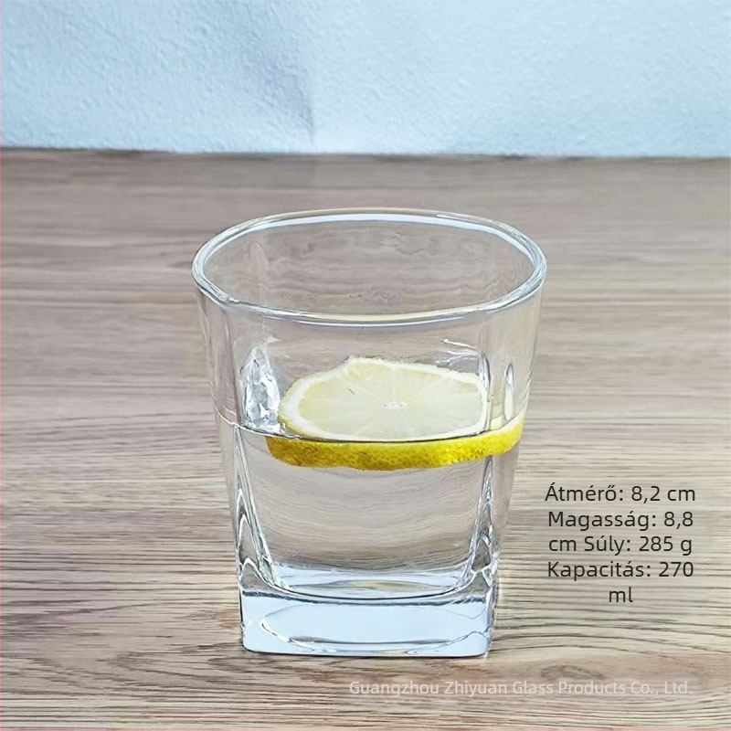 Vastagított négyszögletes üvegpohár, átlátszó, vízhez, gyümölcsléhez, tejhez, whiskyhez és sörhöz, 301–400 ml