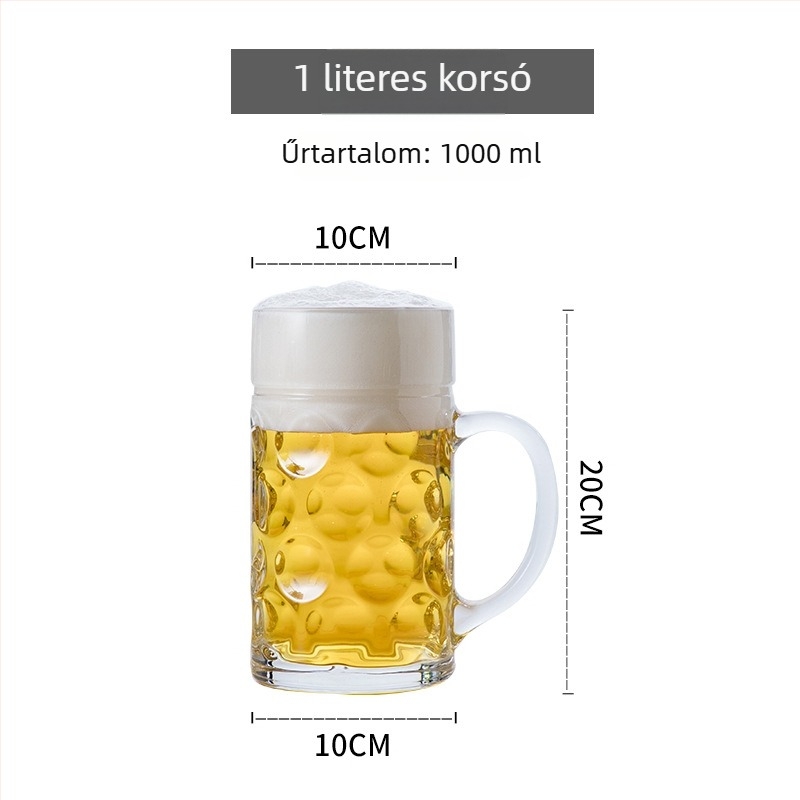 Üveg sörös pohár, 1 literes, nagy méretű német stílusú söröskupa, sörfesztiválokra, 1000 ml