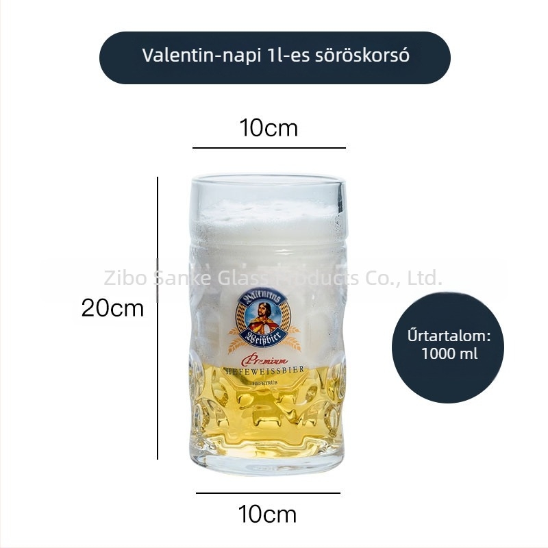 Üveg sörös pohár, 1 literes, nagy méretű német stílusú söröskupa, sörfesztiválokra, 1000 ml