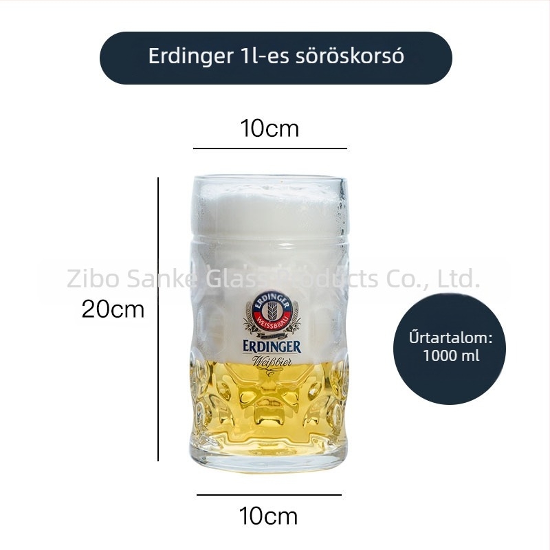 Üveg sörös pohár, 1 literes, nagy méretű német stílusú söröskupa, sörfesztiválokra, 1000 ml