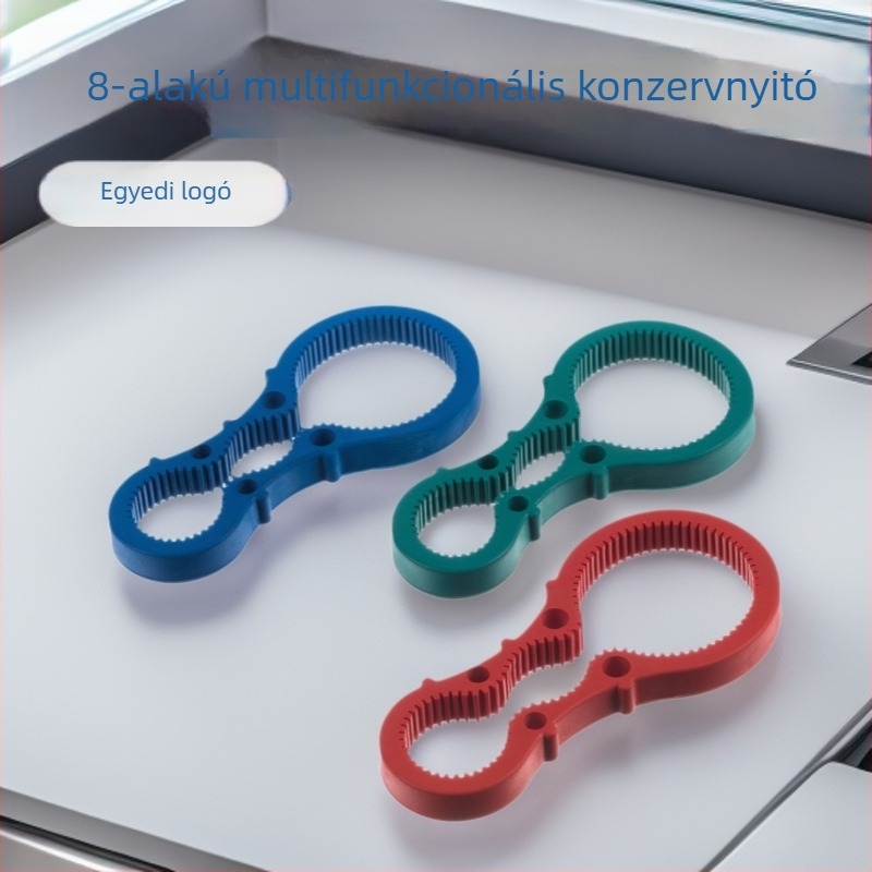 Többfunkciós üveg- és konzervnyitó, 8-as alakú nyitóval, kupakforgatóval és kupakkal kapcsolatos eszközzel
