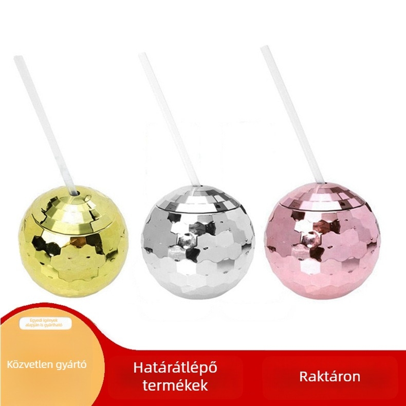 Plasztik pohár vízhez discoball mintás és csillogó golyókkal, elektroplatinált gömb forma, pohár szívószálal, boros stílus, 501–600 ml