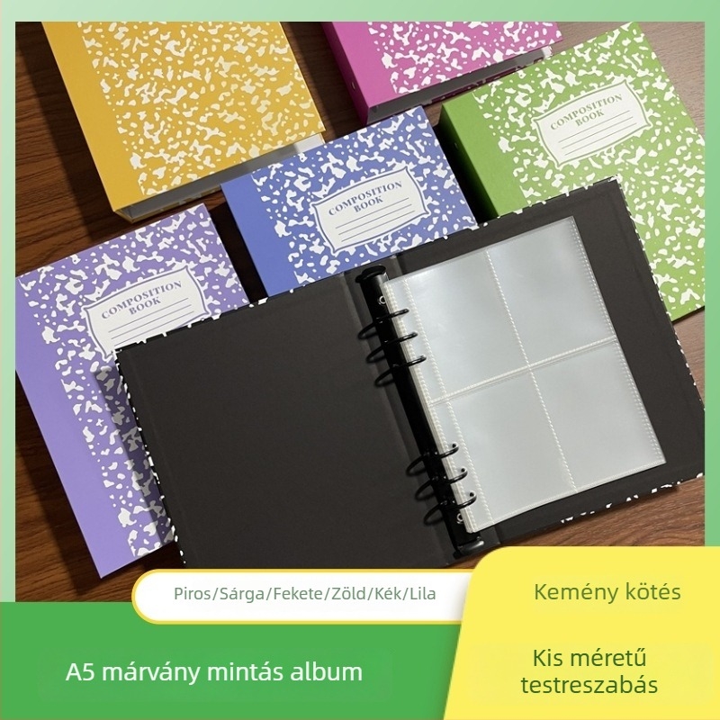 A5-ös méretű márványmintás fotóalbum, négy rekesz, 6-lyukas kötés, 3 hüvelykes oldalak, kemény karton borító