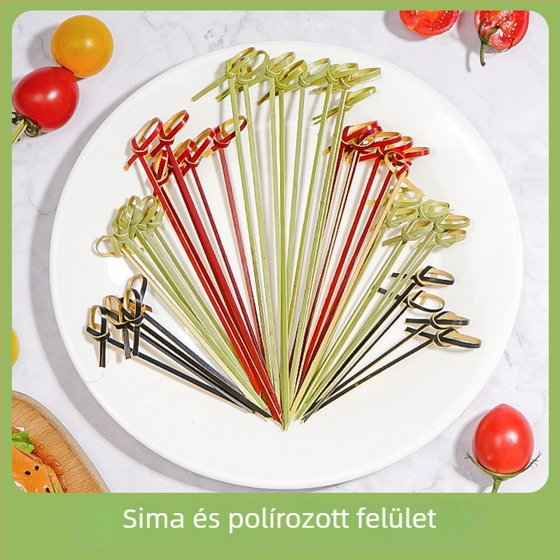 Többszínű csomózott virágmintás bambusznyársak – egyszer használatos gyümölcsnyársak desszertekhez, sushi dekorációhoz és koktélokhoz