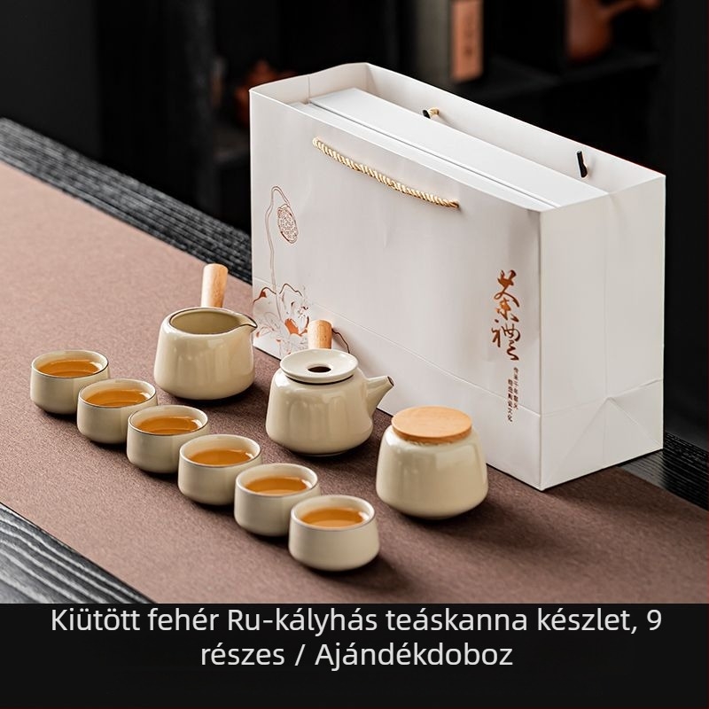 Ru Kiln Gongfu teáskészlet – kerámia teáskanna, teáscsészék, nedvszívó teás tálca, ajándékdoboz