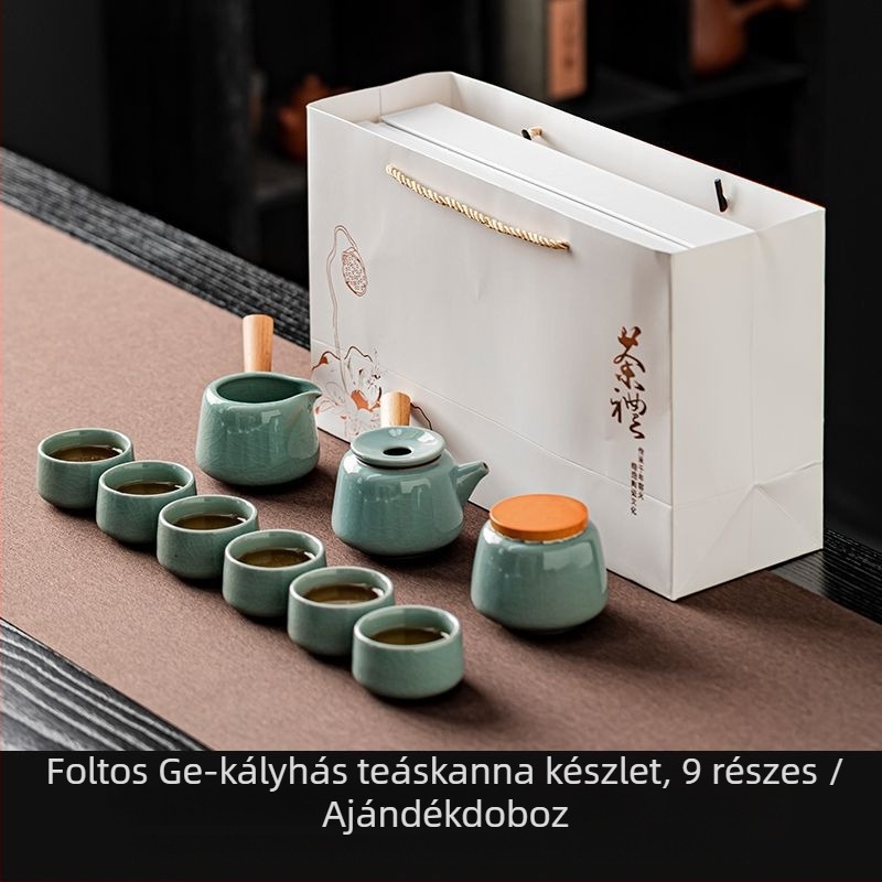 Ru Kiln Gongfu teáskészlet – kerámia teáskanna, teáscsészék, nedvszívó teás tálca, ajándékdoboz