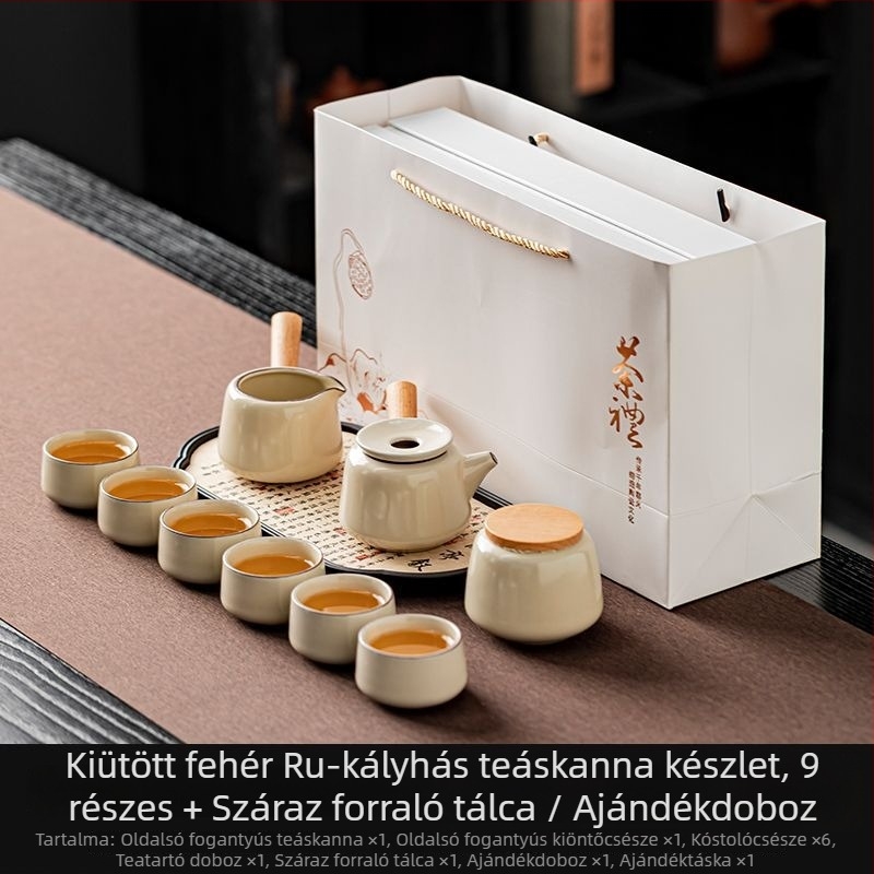 Ru Kiln Gongfu teáskészlet – kerámia teáskanna, teáscsészék, nedvszívó teás tálca, ajándékdoboz