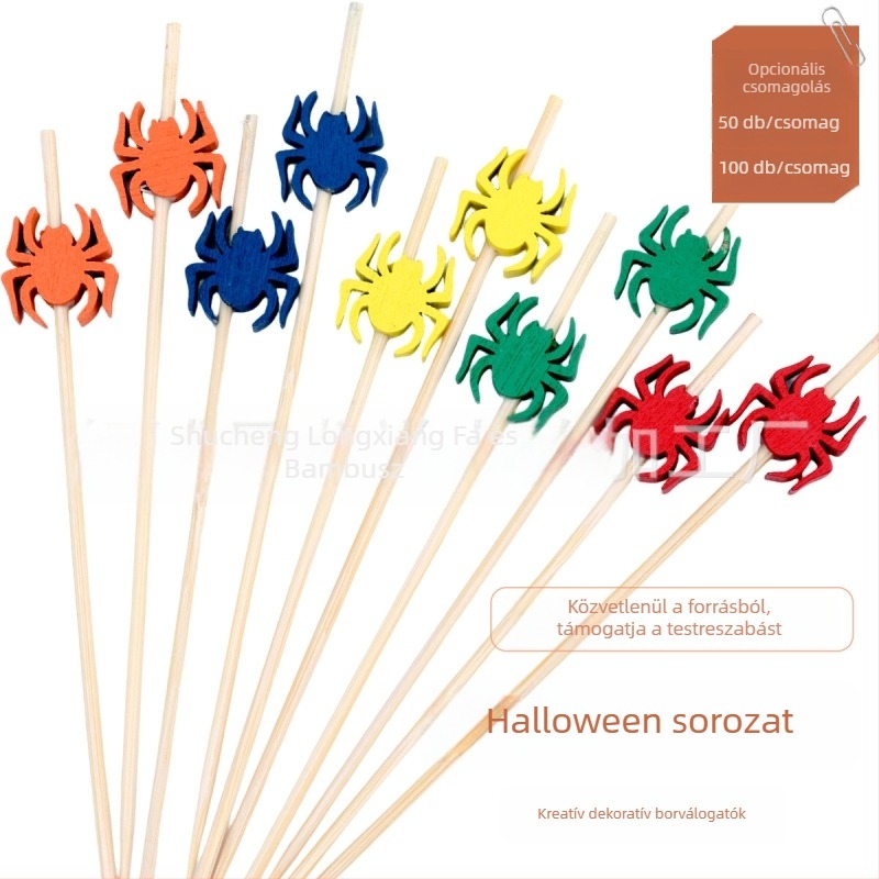 Halloween party kellékek: mosolygó tök gyümölcspálcák, bambusz virágpálcák, koponya gyümölcsvillák, pókháló mintázatú koktélpálcák
