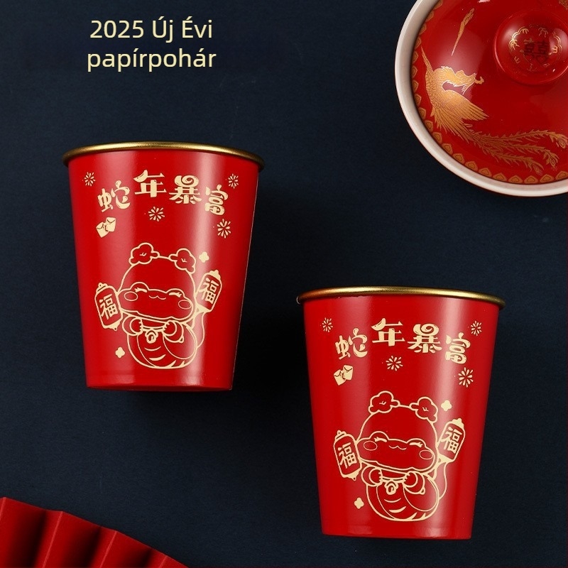 2025 Kígyó éve – egyszer használatos papír pohár aranyfóliával, 201–300 ml