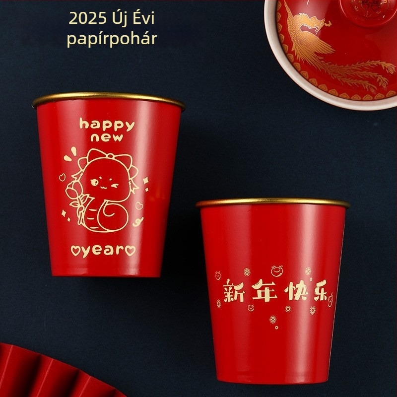 2025 Kígyó éve – egyszer használatos papír pohár aranyfóliával, 201–300 ml