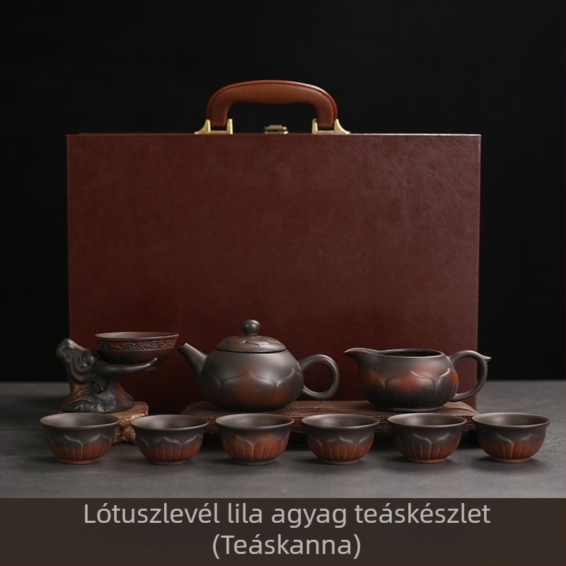 Kézzel készített Kung Fu teáskészlet lila homokból — kerámia teáskanna fedeles tálkával, luxus ajándékdoboz