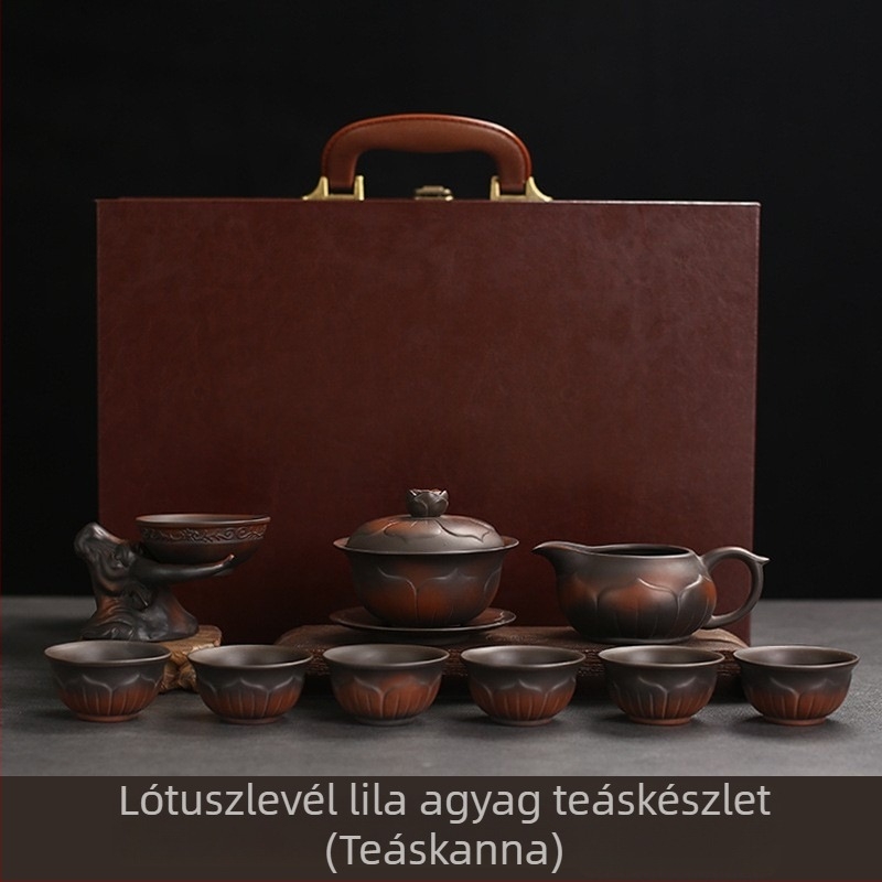 Kézzel készített Kung Fu teáskészlet lila homokból — kerámia teáskanna fedeles tálkával, luxus ajándékdoboz