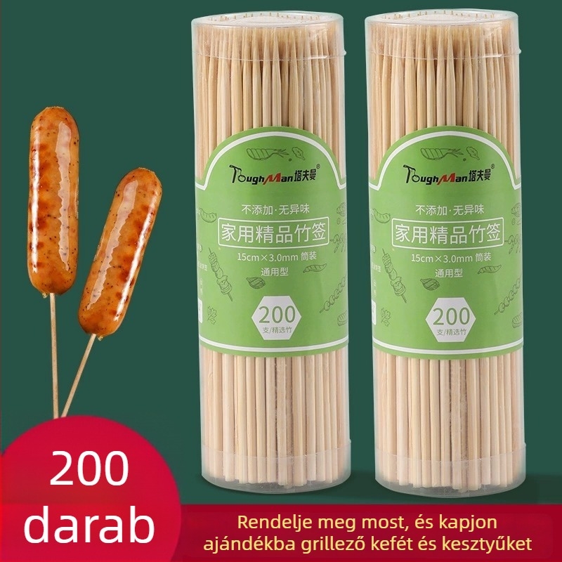 Egyszer használatos bambusz kolbásznyárs, élelmiszer‑minőségű, sütéshez; gyermekbarát, otthoni és kereskedelmi használatra