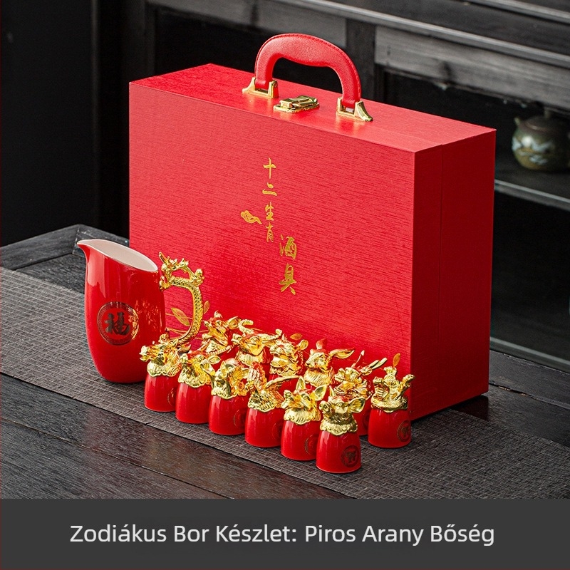 13 darabos porcelánbor szett 12 pohárral és kerámia adagolóval, zodiákus motívum, állatfejek