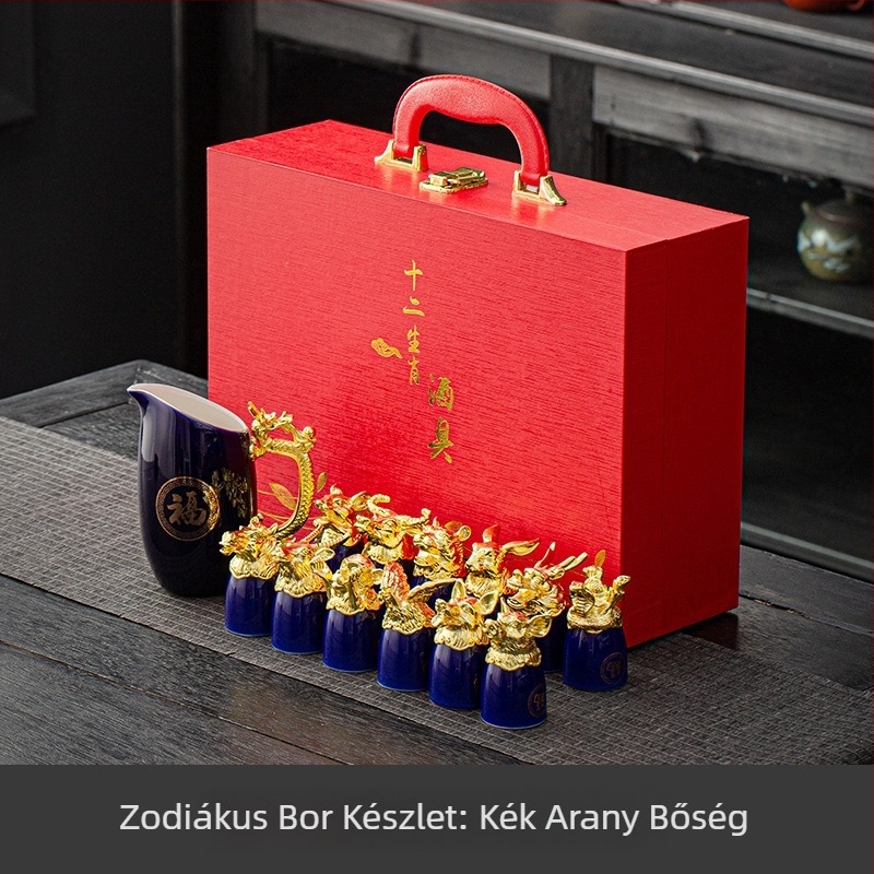 13 darabos porcelánbor szett 12 pohárral és kerámia adagolóval, zodiákus motívum, állatfejek