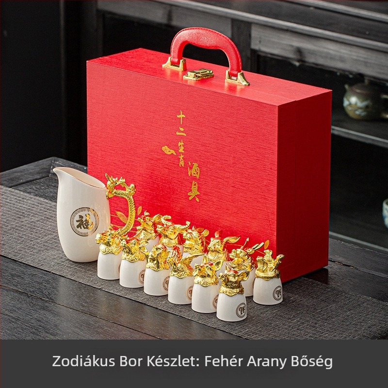 13 darabos porcelánbor szett 12 pohárral és kerámia adagolóval, zodiákus motívum, állatfejek