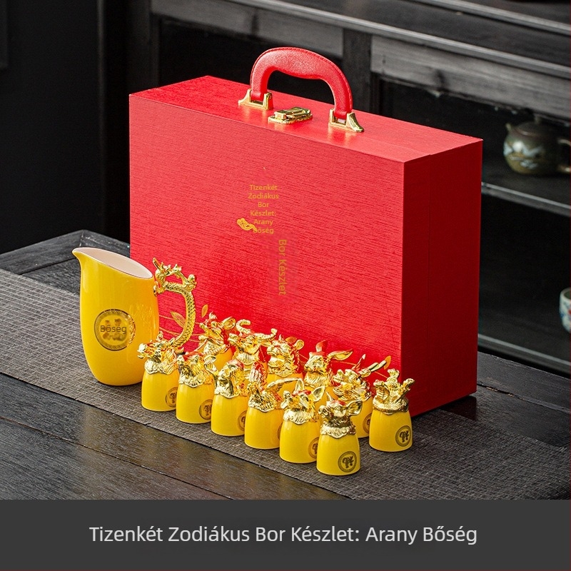 13 darabos porcelánbor szett 12 pohárral és kerámia adagolóval, zodiákus motívum, állatfejek