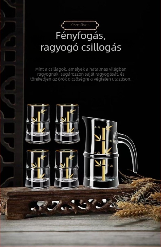 100 ml-es likőrkészlet négy kristály pohárral, mérőskalával ellátott üveg, bambusz stílusú adagoló.