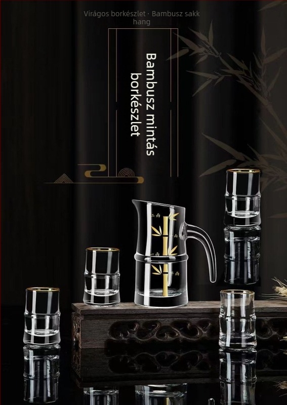 100 ml-es likőrkészlet négy kristály pohárral, mérőskalával ellátott üveg, bambusz stílusú adagoló.