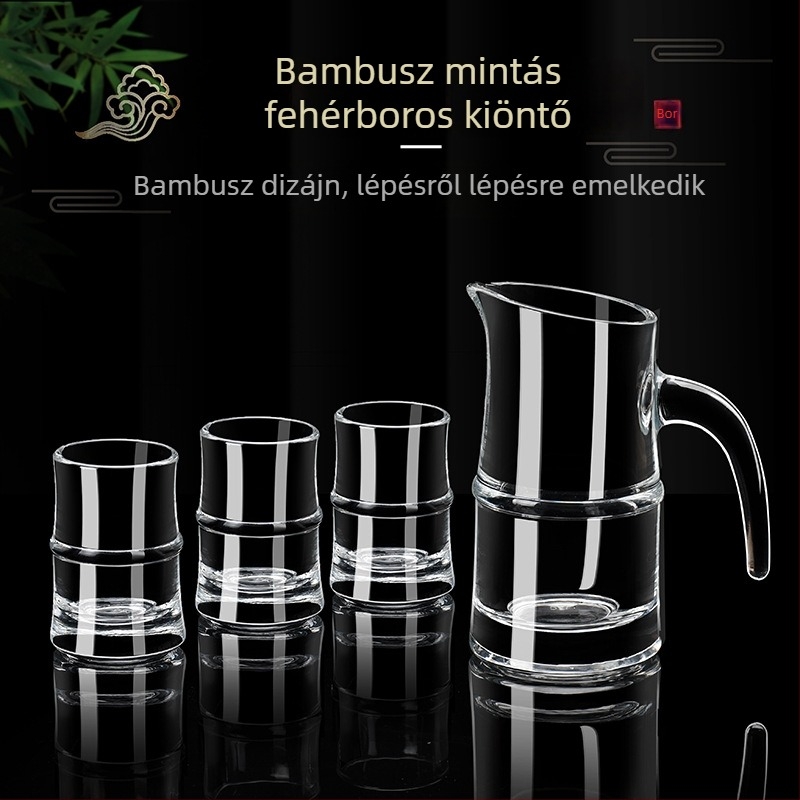 100 ml-es likőrkészlet négy kristály pohárral, mérőskalával ellátott üveg, bambusz stílusú adagoló.