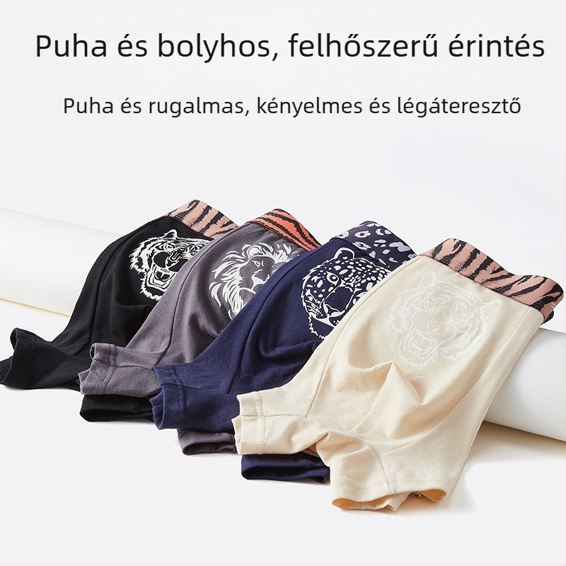 Férfi pamut boxer brief antibakteriális ágyéki résszel, középmagas derék, légáteresztő és gyorsan száradó; egyszínű és állatmintás (tigris fej).