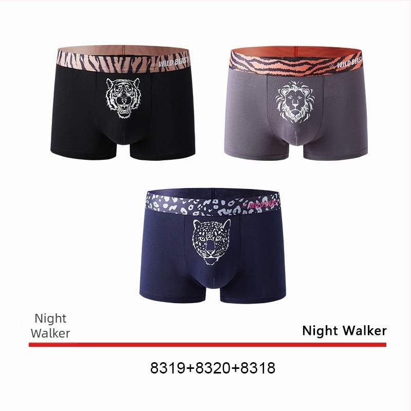 Férfi pamut boxer brief antibakteriális ágyéki résszel, középmagas derék, légáteresztő és gyorsan száradó; egyszínű és állatmintás (tigris fej).