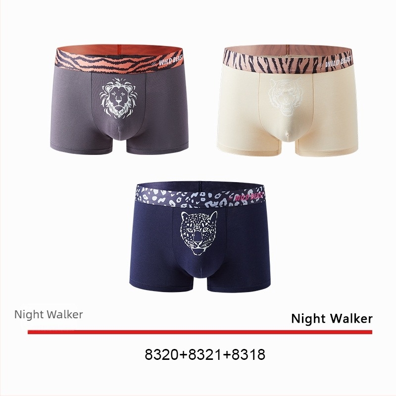 Férfi pamut boxer brief antibakteriális ágyéki résszel, középmagas derék, légáteresztő és gyorsan száradó; egyszínű és állatmintás (tigris fej).