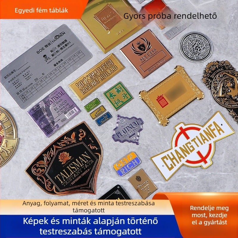 Egyedi fémtábla parfümhöz és kozmetikumokhoz — alumínium-ötvözet, ívelt palack, retro bronz címke