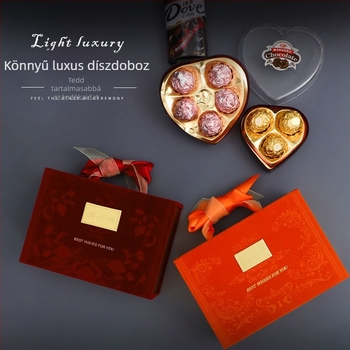 Új esküvői ajándékdoboza masnival, hordozható bonbon-doboz, velúr vintage doboz