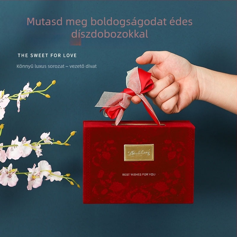 Új esküvői ajándékdoboza masnival, hordozható bonbon-doboz, velúr vintage doboz
