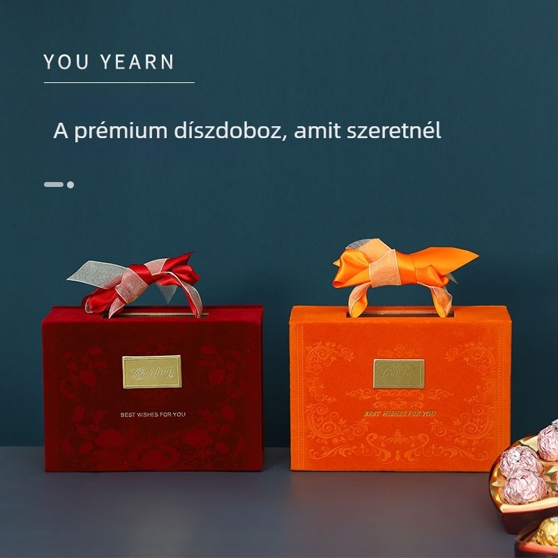 Új esküvői ajándékdoboza masnival, hordozható bonbon-doboz, velúr vintage doboz