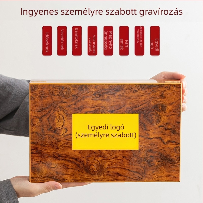 Kerámiás teás tartók ajándékkészletben, luxusfa dobozban logóval – fekete és zöld tea