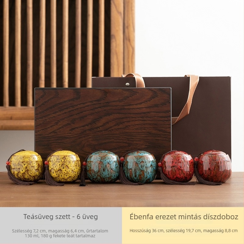 Kerámiás teás tartók ajándékkészletben, luxusfa dobozban logóval – fekete és zöld tea